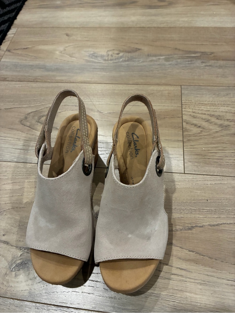 Clarks Light Beige Suede Slingback Wedge Sandals